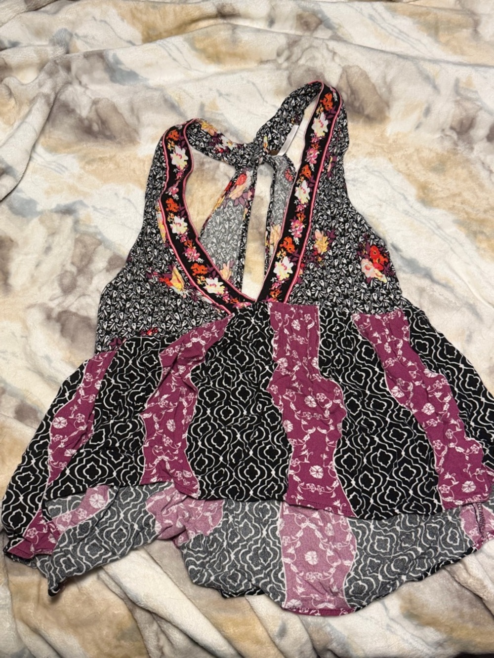 Free People Patchwork Floral Racerback Tank - Black & Plum